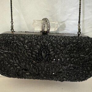 $3800❤️ MARCHESA Black Beaded Crystal Clutch Bag With Removable Shoulder Strap